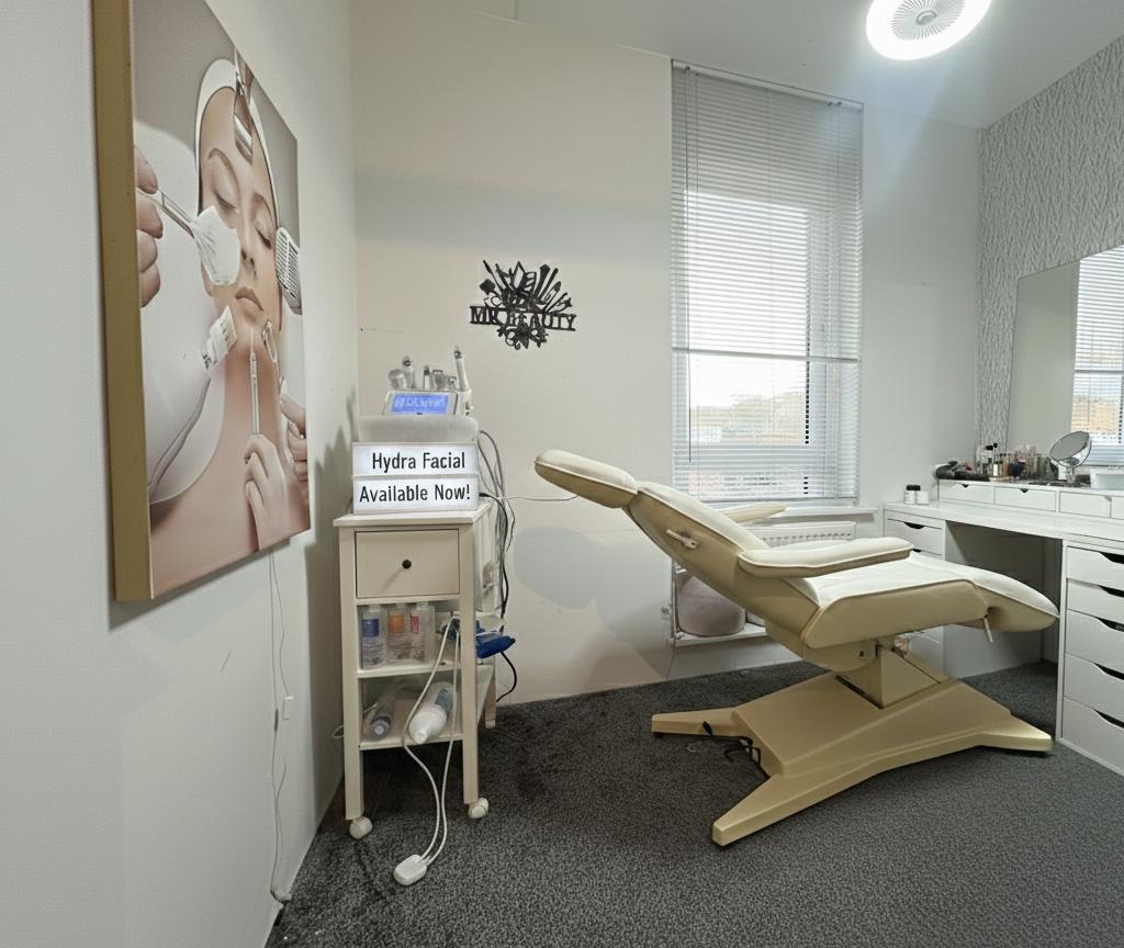 De studio met de behandelstoel, de visagietafel met ringlamp, de hydrafacial-machine en het MK BEAUTY wandbord